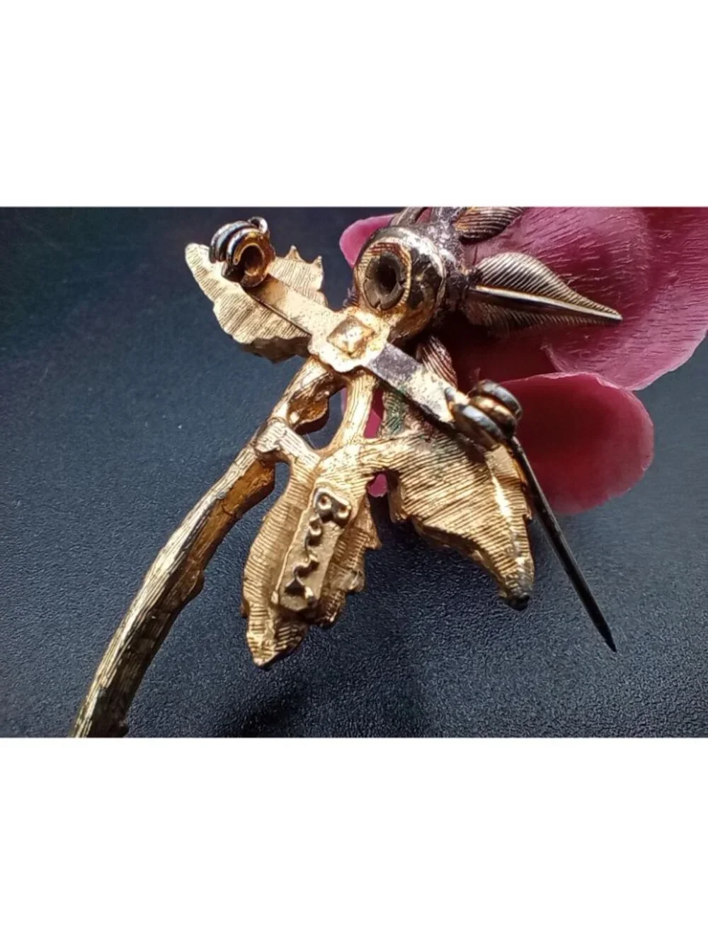 Vintage Pink Rose Brooch Pin Gold Tone Stem Leaves Signed BARI 3.25